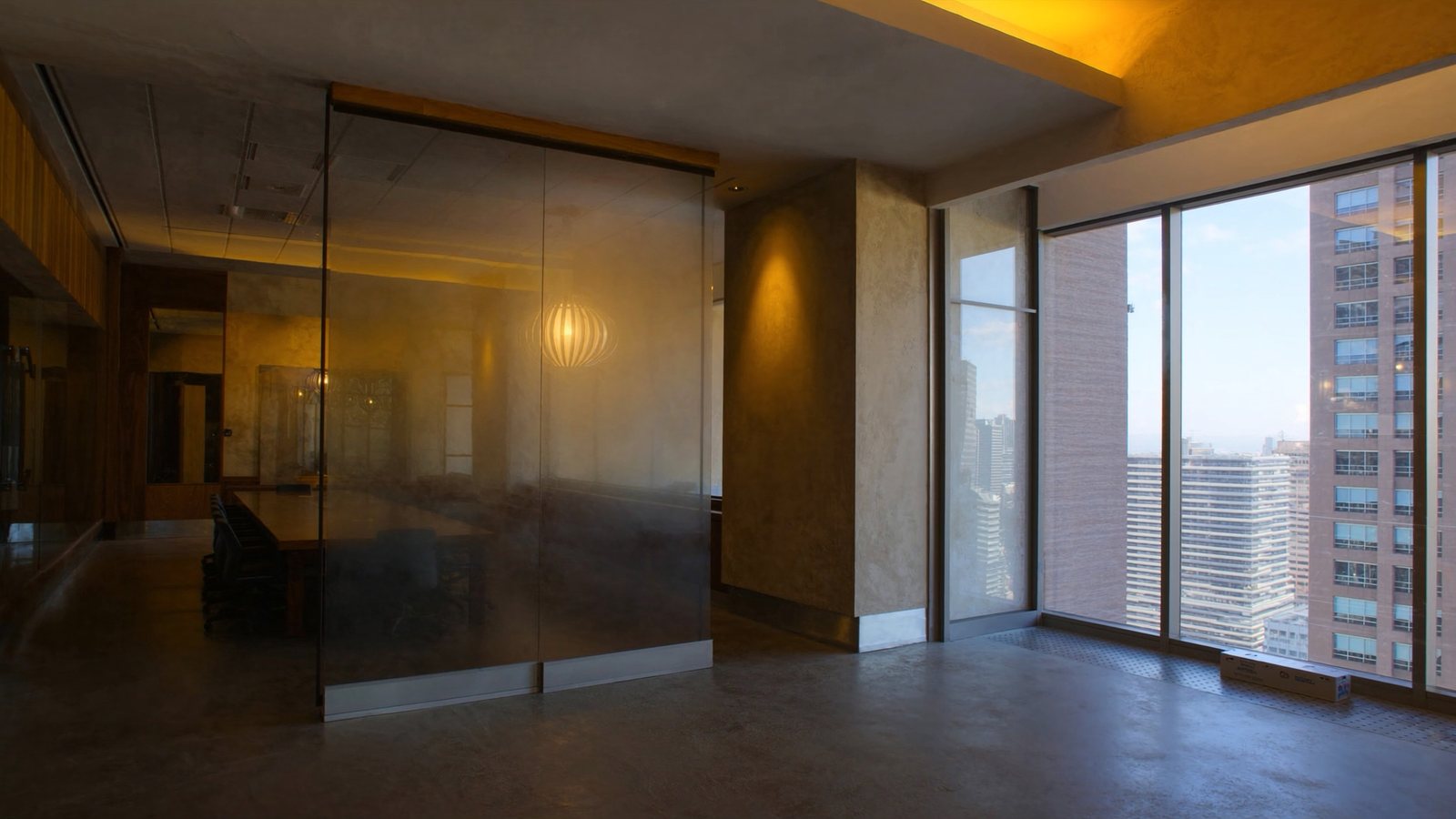 Upper floor office space overlooking a downtown skyline