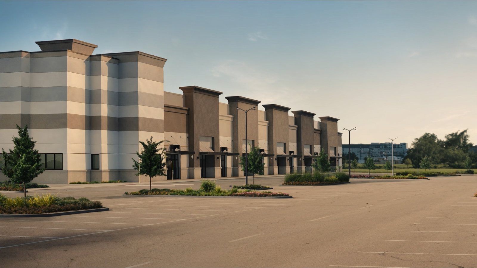 Commercial retail strip center with storefront bays and parking