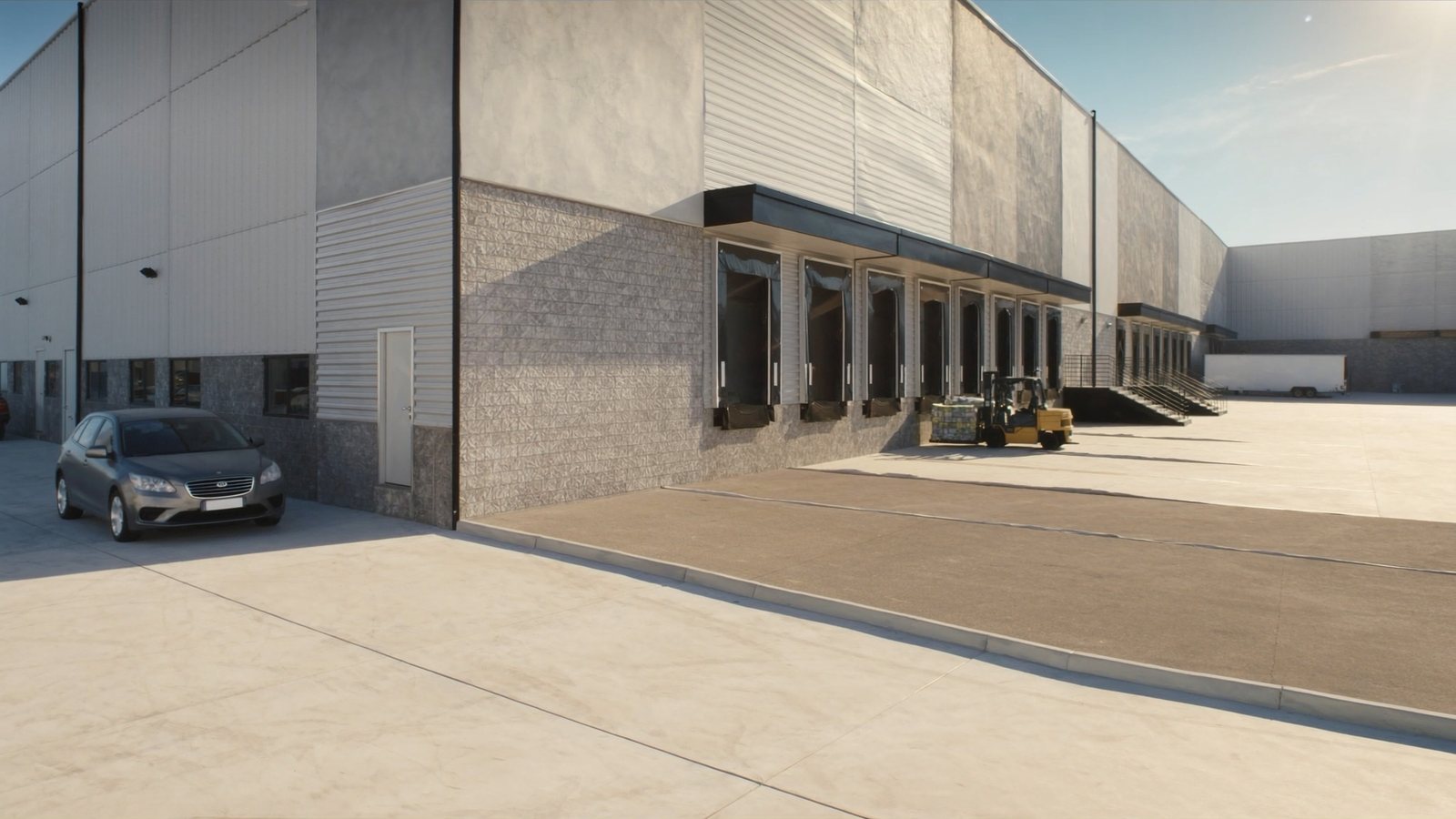 Warehouse loading dock with forklift and truck court