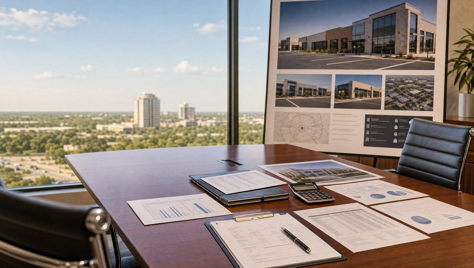 Commercial sale financials and cap rate analysis on a conference table