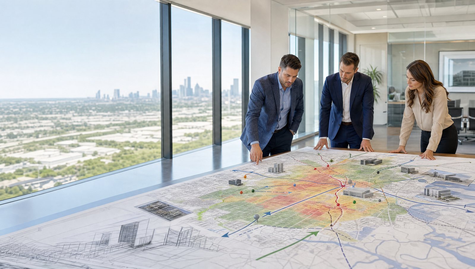 Commercial demographic and growth analysis map in a brokerage office